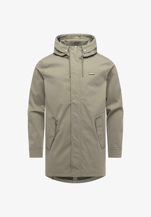 Light beige hooded jacket with front zipper, snap-button collar, angled side pockets, and a small chest logo patch.