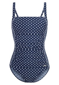 Maillot de bain une pièce navy à pois blancs, avec des bretelles ajustables, des détails froncés et une finition lisse.