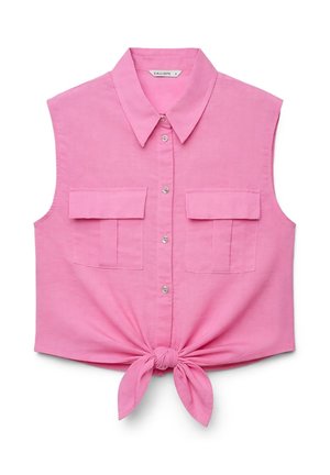 Ärmellose rosa Hemdbluse mit Knöpfen, Kragen, zwei Brusttaschen und einem Knoten zum Binden am Saum.