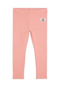 Leggings roses côtelés pour enfants avec un waistband élastique et une étiquette « Faites un bon choix ! » sur le côté supérieur gauche.
