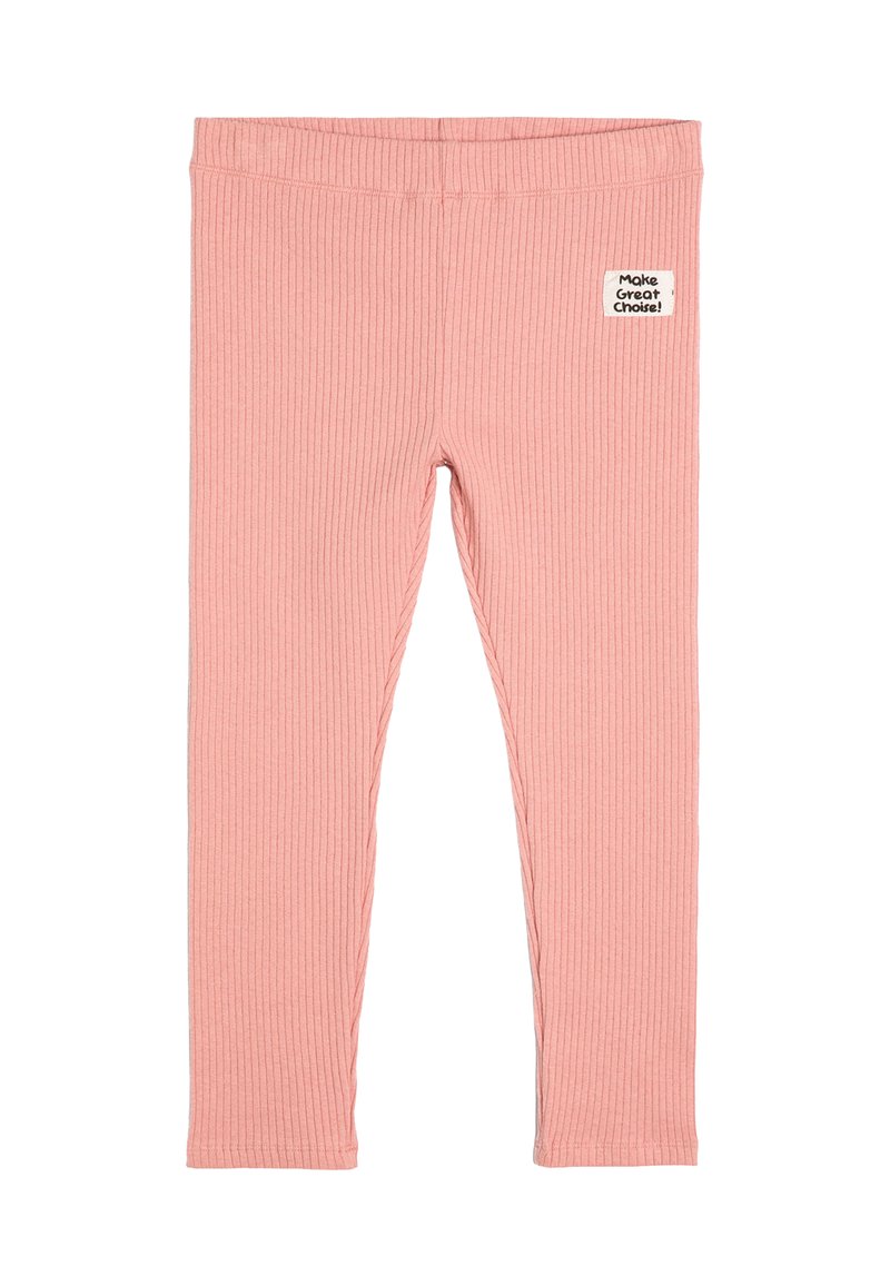Leggings roses côtelés pour enfants avec un waistband élastique et une étiquette « Faites un bon choix ! » sur le côté supérieur gauche.