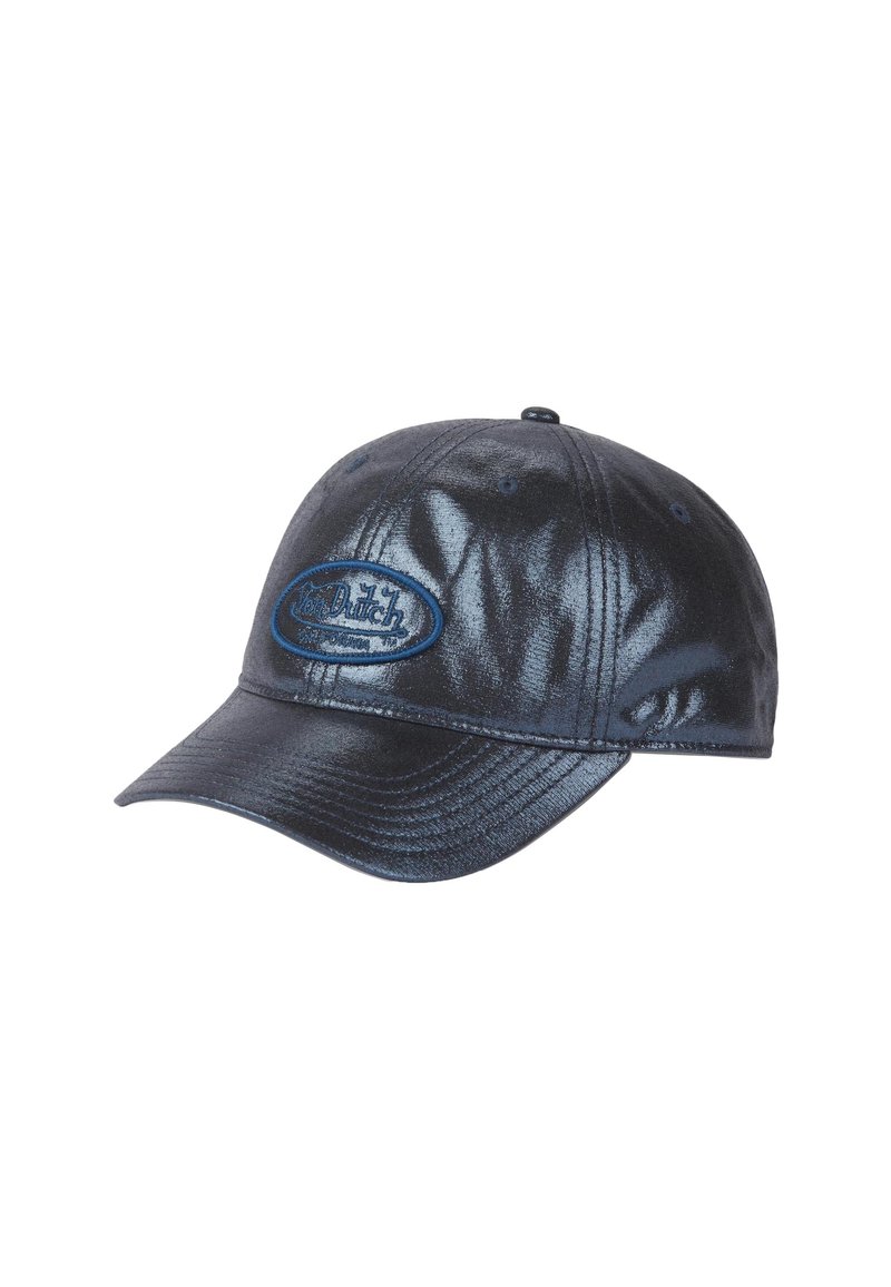 Casquette de baseball brillante bleu foncé avec une visière courbée et un logo en patch ovale indiquant "Von Dutch" sur le panneau avant.