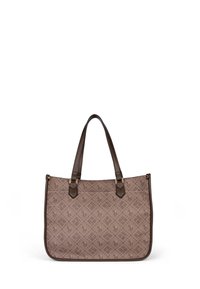 Brun mönstrad tote-väska med två stabila handtag, som har en texturerad yta och kontrasterande mörkare accenter längs kanterna.