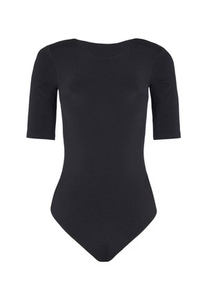 Svart bodysuit med rund halsringning, korta ärmar och ett mjukt, stretchigt tyg. Har en figurnära design och ett trosliknande avslut.