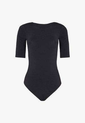 Body nero con scollatura rotonda, maniche corte e un tessuto morbido e elasticizzato. Presenta un design aderente e un fondo a culotte.