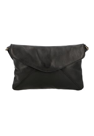 Pochette en cuir noir avec un rabat, présentant une texture douce, des coutures géométriques et une fermeture éclair discrète sur le côté.