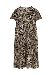 Abito leopardato in beige e nero, con maniche a puff corte, scollatura rotonda e design morbido. Tessuto morbido con una texture fluida.