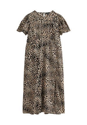 Leopardenmuster-Kleid in Beige und Schwarz, mit kurzen Puffärmeln, rundem Ausschnitt und lockerer Passform. Weicher Stoff mit fließender Textur.