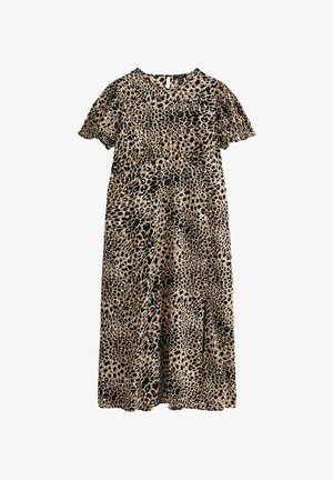 Leopard print dress in beige and black, with short puff sleeves, round neckline, and a loose-fitting design. Soft fabric with flowing texture.
