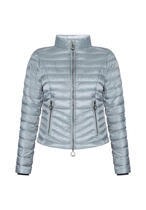 Lyseblå, polstret jakke med høj krave, lynlåslukning foran og to lynlåslommer. Har syede, horisontale og diagonale mønstre.