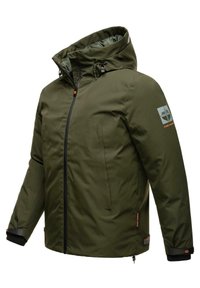 Oliven grønn vanntett jakke med høy krage, glidelås lukking og to frontlommer. Har logodetalj på ermet og justerbare mansjetter.