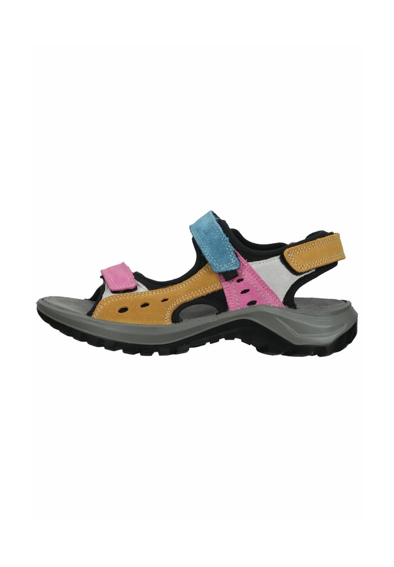 Sanda multicolor con suela gris; presenta tiras amarillas, azules y rosas; fabricada en ante; diseño abierto con agujeros de ventilación.