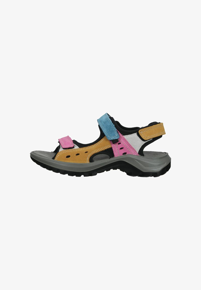 Sandal multicolore con suola grigia; presenta cinturini gialli, blu e rosa; realizzata in suede; design aperto con fori di ventilazione.