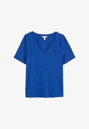 Sininen lyhythihainen t-paita, jossa on V-pääntie. Valmistettu pehmeästä, teksturoidusta kankaasta, jossa on rento mitoitus ja vähäiset ompeluyksityiskohdat.