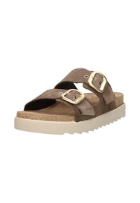 Brown suede sandals with two adjustable straps, gold-tone buckles, a cork insole, and a white, textured rubber outsole.