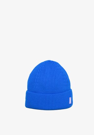 Blue knit beanie with a ribbed texture, featuring a folded cuff and a small logo tag on the side, designed for warmth and comfort.