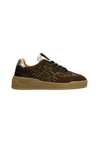 Leopard print sneaker with brown suede, beige rubber sole, black laces, and metallic silver accents on the heel and tongue.