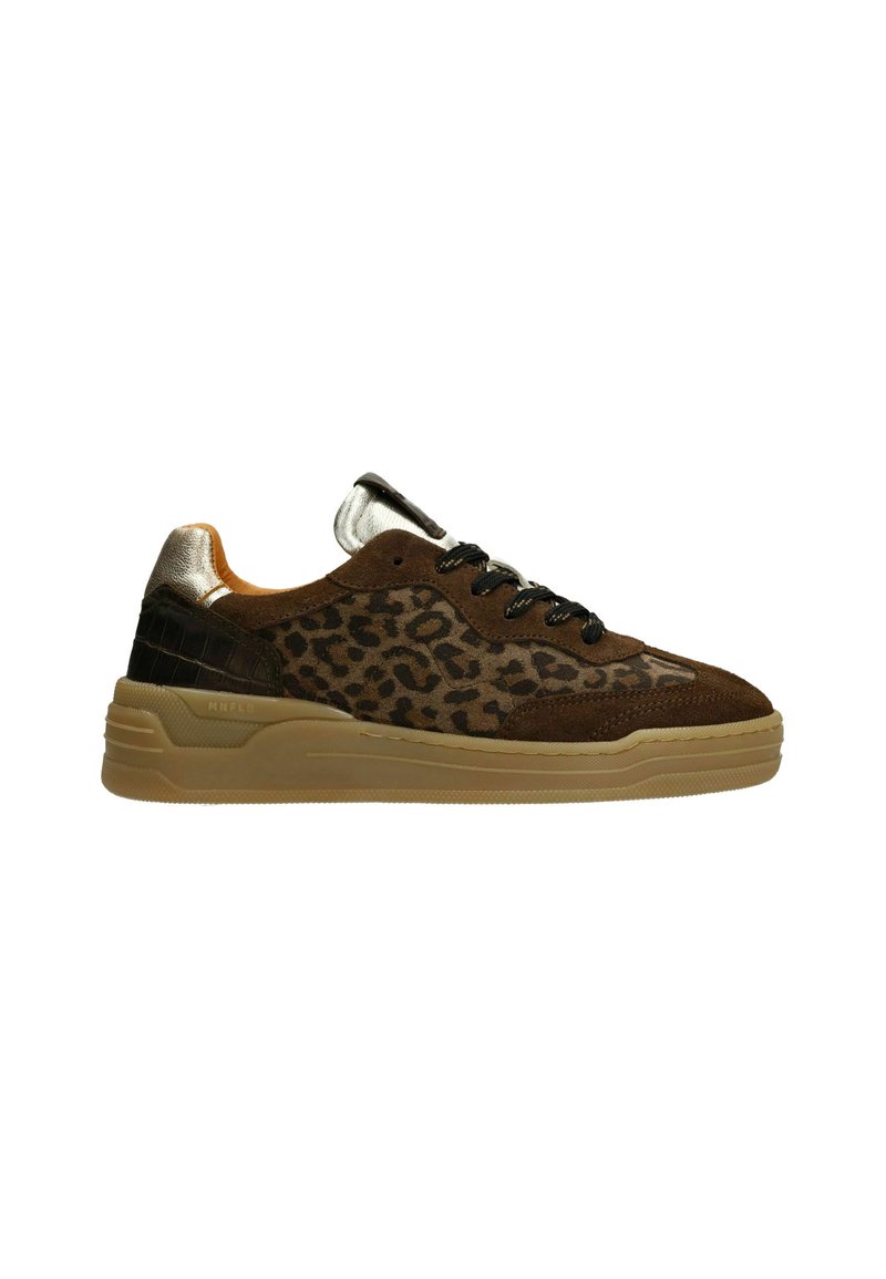 Leopard print sneaker with brown suede, beige rubber sole, black laces, and metallic silver accents on the heel and tongue.