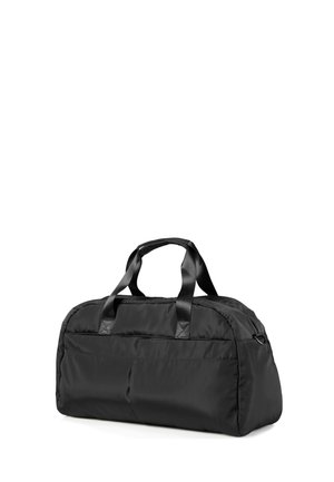 Sort stor nylon duffeltaske med dobbelte håndtag og forreste lynlåslomme, designet til rejse eller sport, mod hvid baggrund.