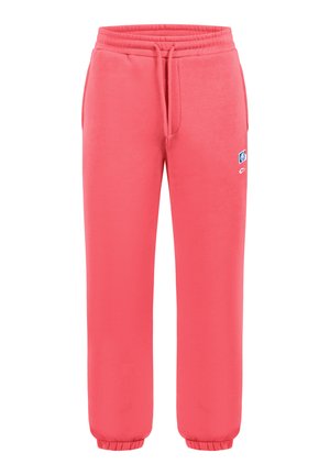 Koraalroze sweatpants met elastische tailleband, trekkoord, zijzakken, geribbelde enkels en kleine witte en blauwe merklogo's op de rechterdij.
