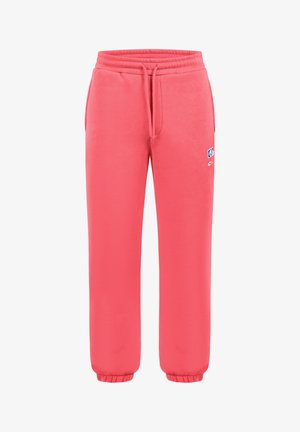 Koraalroze sweatpants met elastische tailleband, trekkoord, zijzakken, geribbelde enkels en kleine witte en blauwe merklogo's op de rechterdij.