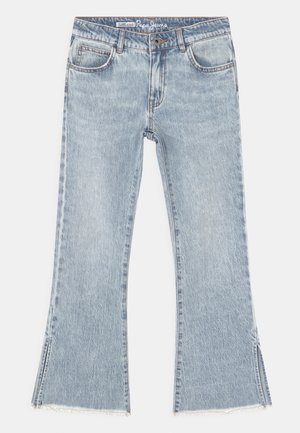 Lichtblauwe denim flared jeans met voorzakken, riemlussen, knoopsluiting en gespleten hemmen met franjes.