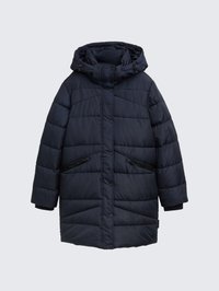 Tmavě modrý prošívaný kabát s kapucí, s prošívaným vzorem, předními patentními knoflíky a dvěma zkosenými kapsami na zip.