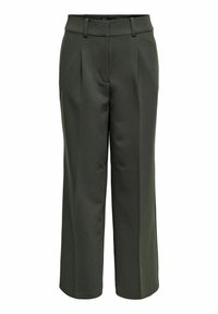 Olivengrønne bukser med vide ben og glatt tekstur, med frontplissert, standard midjebånd og skreddersydd design.