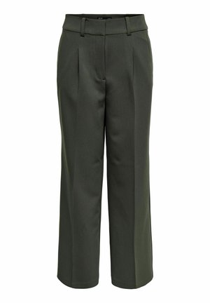 Õlivärvi laia säärega püksid, millel on sile tekstuur, esipleedid, tavaline vöökoht ja lõigatud disain.