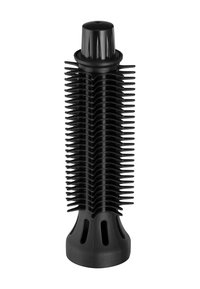 Svart cylindrisk hårstylingsborste med plastborst och ventilerad bas för ett varmt hårverktyg.