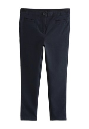 Marineblaues Herren-Hosen aus einem Baumwollmischgewebe, mit glatter Textur, Fronttaschen und einem Knopfverschluss an der Taille.