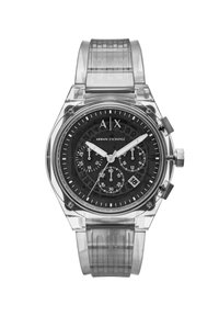 Montre transparente avec un cadran noir, des accents argentés, des fonctionnalités de chronographe et un bracelet en silicone transparent. Forme de boîtier hexagonal.