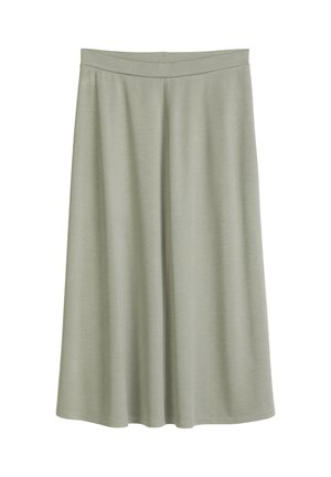 Lichtgroene, knielange rok met een nauwsluitende tailleband en vloeiende stof, weergegeven tegen een effen witte achtergrond.