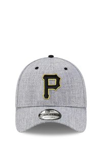Gray baseball cap, adjustable, features black and yellow "P" logo on front, textured fabric, rounded crown, and curved visor.