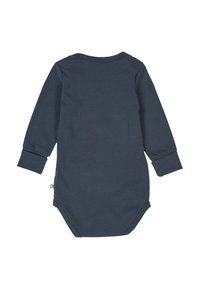 Bodysuit dla niemowląt z długim rękawem w ciemnonawowym kolorze z bawełny. Posiada okrągły dekolt, długie rękawy oraz zapięcia na napy u dołu. Gładka tekstura.