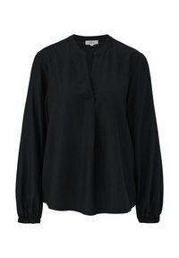 Blouse noire à manches longues avec poignets élastiques et encolure ronde fendue, présentée sur un fond blanc uni.