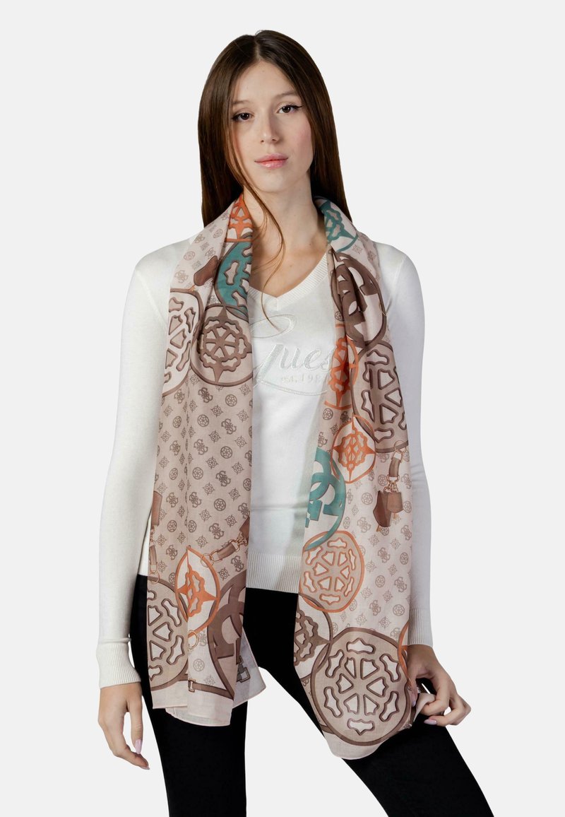 Sciarpa leggera con motivi geometrici in toni terrosi, principalmente beige con accenti di verde acqua, arancione e marrone.