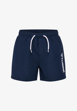 Marinblå badshorts med vit snörning, elastisk midja och vit logotypdetalj på vänster sida. Slätt tyg, knälång.