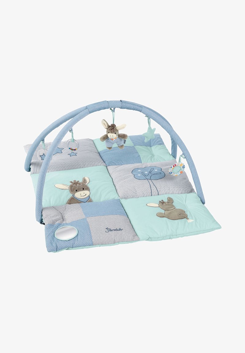 Soft playmat with a patchwork design in blue and mint green. Includes an arch with hanging toys, featuring embroidered animal shapes and textures.