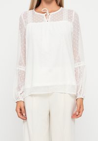 Blusa bianca con tessuto a pois semitrasparenti, maniche lunghe, dettagli in pizzo e un laccetto al collo. Taglio dritto, texture leggera.