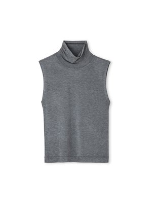 Grijze mouwloze coltrui met een strakke kraag en een gladde textuur. Minimalistisch ontwerp zonder zichtbare patronen of versieringen.