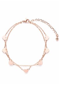 Rose gold bracelet featuring two delicate chains with five heart-shaped charms, smooth texture, and adjustable clasp with a chain extender.