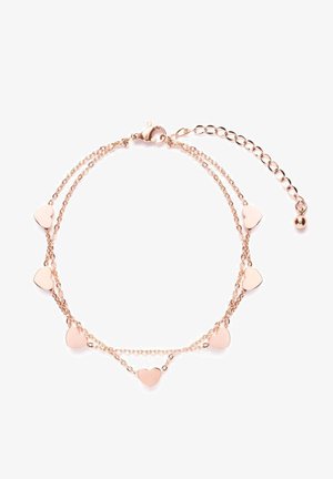 Bracciale in oro rosa con due delicate catene e cinque ciondoli a forma di cuore, superficie liscia e chiusura regolabile con prolungamento in catena.