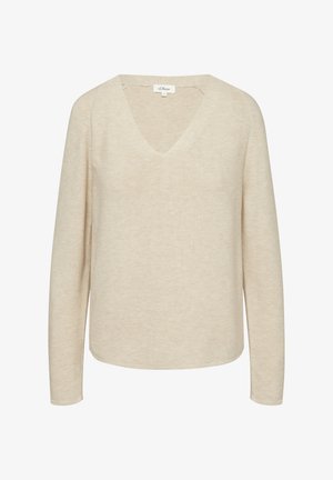 Bežani pleteni pulover s V izrezom, dugim rukavima i ležernim krojem. Ima rebrast izgled i uredan završetak na rubu.