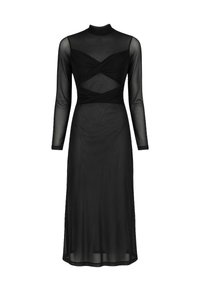 Robe noire transparente avec des manches longues, un col montant et un design croisé au niveau du buste. Longueur mi-mollet avec une texture lisse.