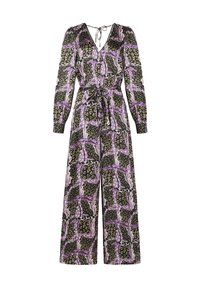 Langärmeliger, gemusterter Jumpsuit mit V-Ausschnitt, Taillengürtel und weitem Bein, der schwarze, beige und lila abstrakte sowie florale Designs aufweist.
