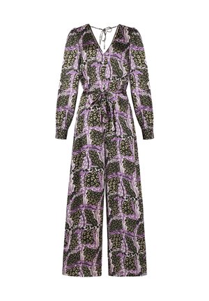 Langärmeliger, gemusterter Jumpsuit mit V-Ausschnitt, Taillengürtel und weitem Bein, der schwarze, beige und lila abstrakte sowie florale Designs aufweist.