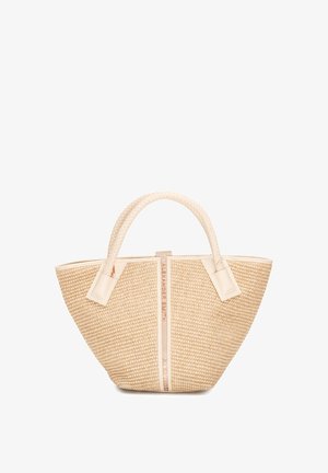 Borsa tote intrecciata in paglia color beige con due manici intrecciati e rifinitura verticale in pelle con marchio impresso "Alexander Smith".