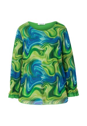 Pestrý dlouhý rukáv top s vířivým vzorem v odstínech zelené a modré, s kulatým výstřihem a nařasenými manžetami.