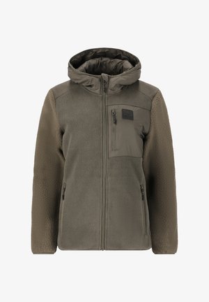 Fleece jack in olijfgroen met een rits aan de voorkant, een capuchon en een borstzak. Voorzien van getextureerde mouwen en twee zijzakken met rits.
